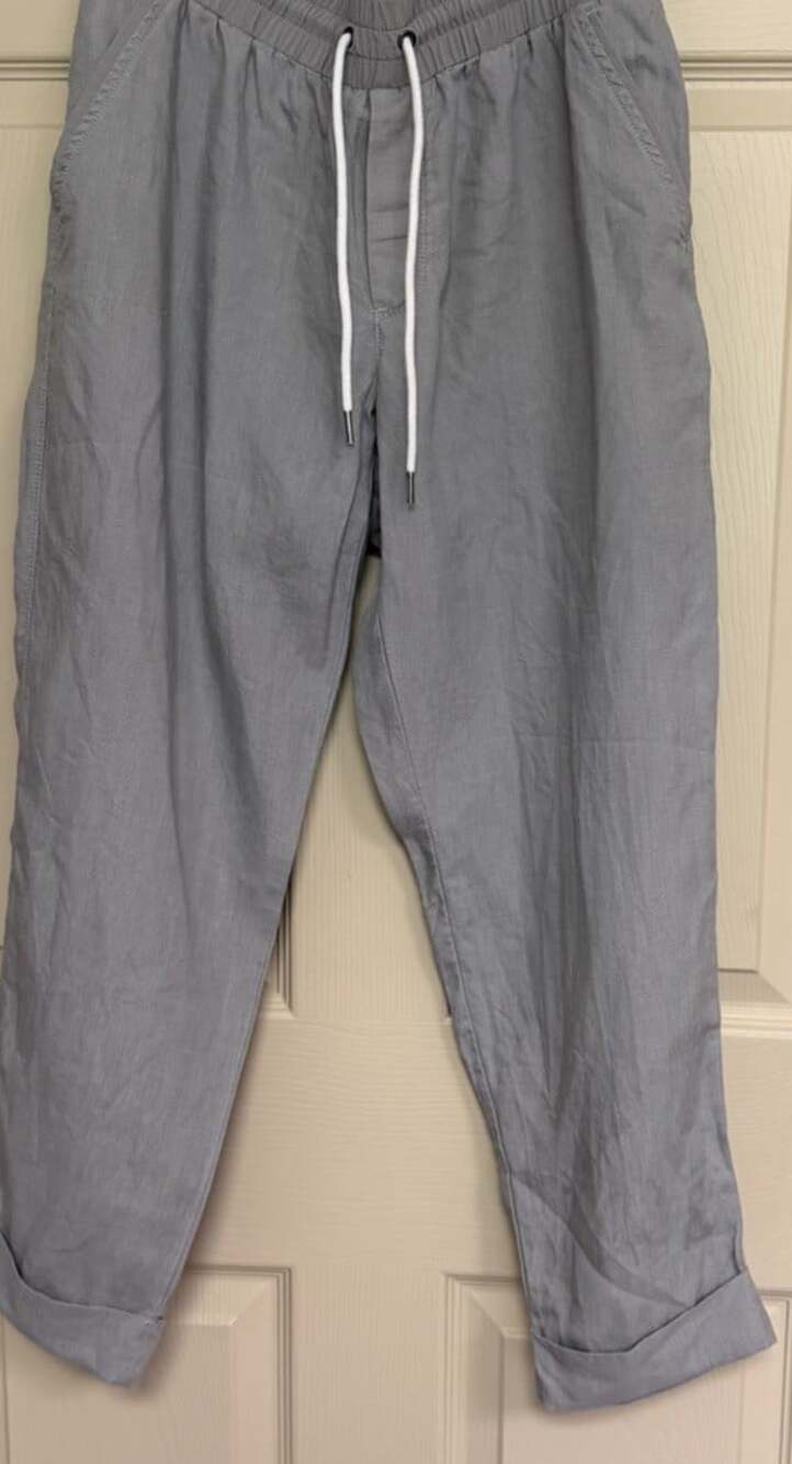 Athleta Bali Linen Jogger Pant Women Size 12 Gray Cuffed Hem Ankle Crop Pockets